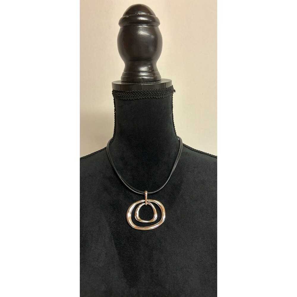 Chicos Necklace Womens Black Silver Tone Double Open Circle Pendant 16 - 20”